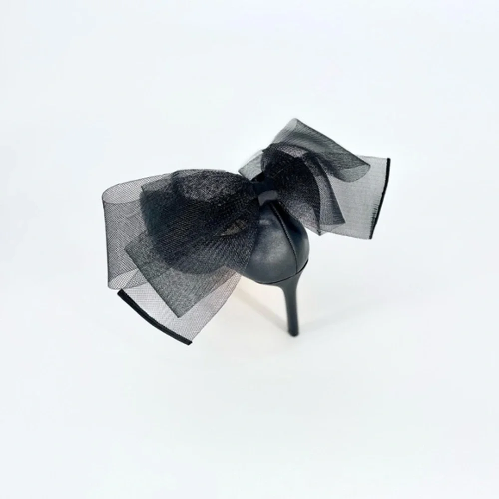 CHARLES DAVID Rogue Black Leather Ankle Strap Pointed Toe Pump Tulle Bow New 8.5